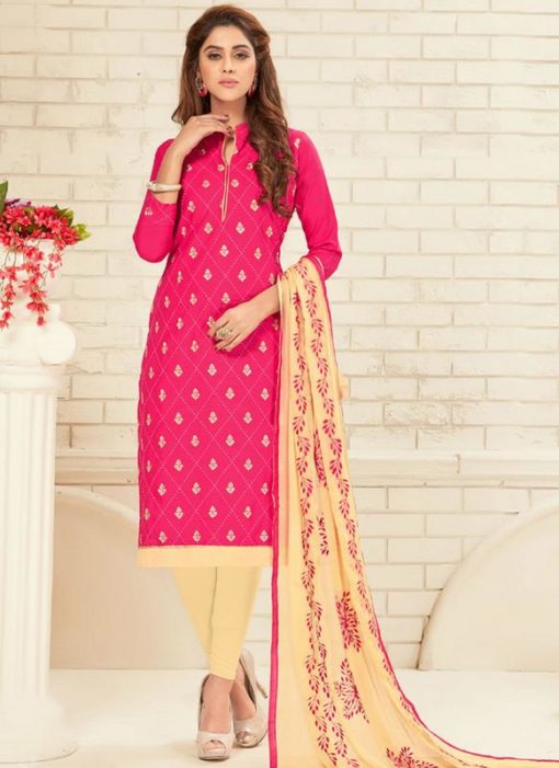 Lovely Pink Cotton Embroidered Work Churidar Suit