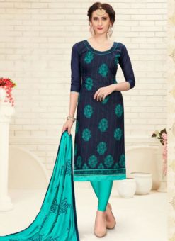 Fabulous Navy Blue Cotton Embroidered Work Churidar Suit