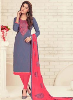 Glorious Grey Cotton Embroidered Work Churidar Suit