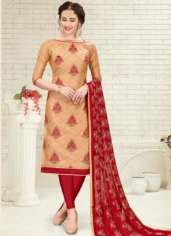 Sublime Beige Cotton Embroidered Work Churidar Suit