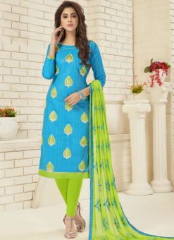 Majestic Blue Cotton Embroidered Work Churidar Suit