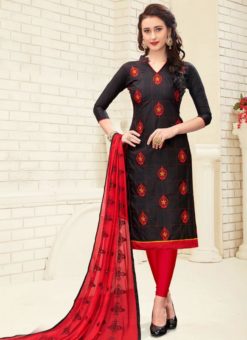 Awesome Black Cotton Embroidered Work Churidar Suit