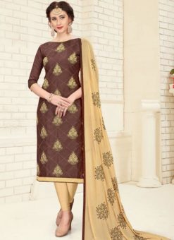 Wonderful Brown Cotton Embroidered Work Churidar Suit