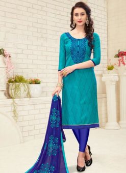 Magnificent Turquoise Cotton Embroidered Work Churidar Suit