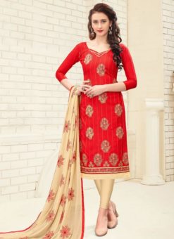 Charming Red Cotton Embroidered Work Churidar Suit