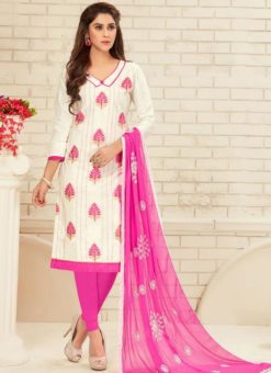 Sumptuous Off White Cotton Embroidered Work Churidar Suit