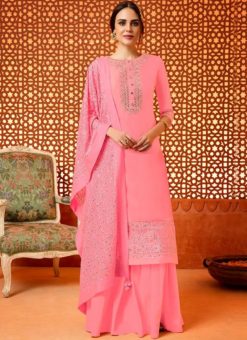 Splendid Pink Silk Embroidered Work Designer Palazzo Suit