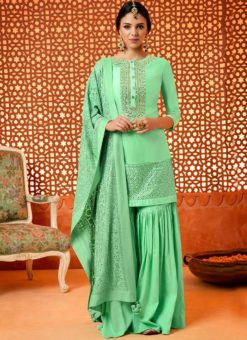 Elegant Green Silk Embroidered Work Designer Palazzo Suit