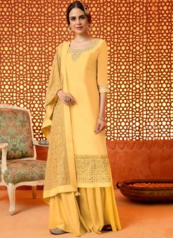 Aesthetic Yellow Silk Embroidered Work Designer Palazzo Suit