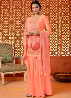 Pleasing Orange Silk Embroidered Work Designer Palazzo Suit