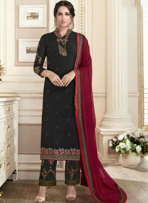 Fantastic Black Georgette Embroidered Work Straight Salwar Suit