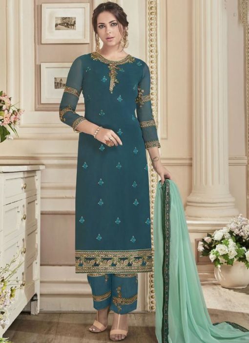 Amazing Turquoise Georgette Embroidered Work Straight Salwar Suit
