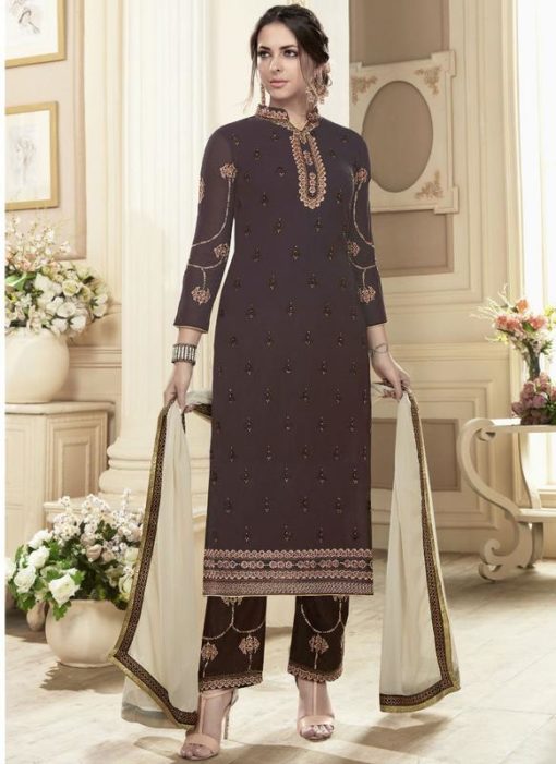 Superb Brown Georgette Embroidered Work Straight Salwar Suit