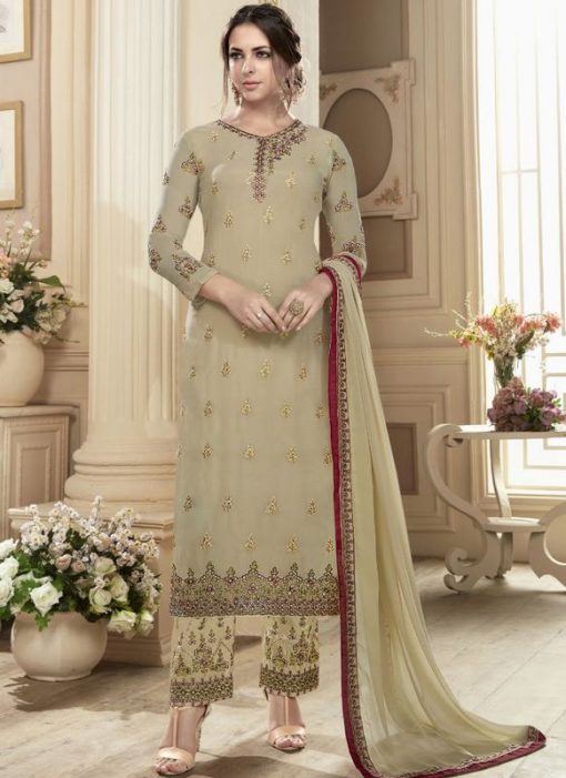 Charming Beige Georgette Embroidered Work Straight Salwar Suit