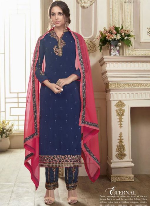 Excellent Navy Blue Georgette Embroidered Work Straight Salwar Suit