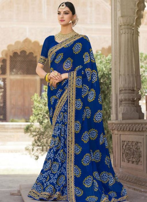 Elegant Blue Georgette Traditional Bandhej Saree