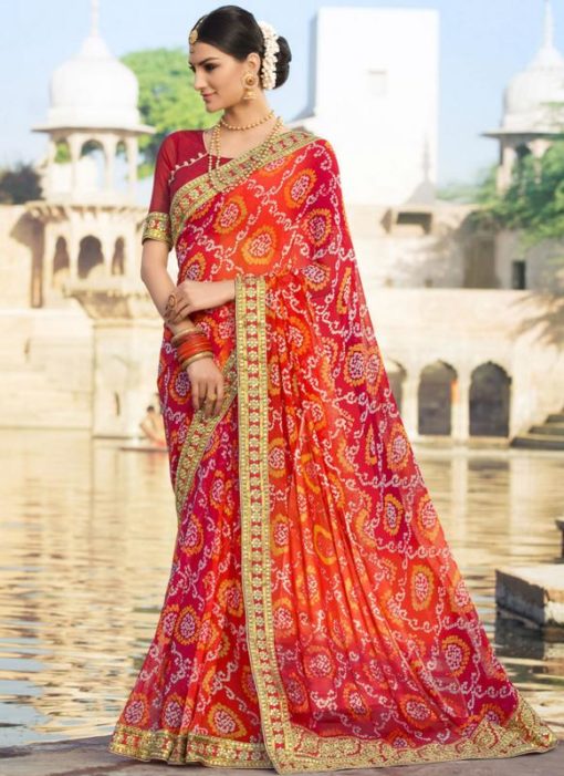 Stunning Red Georgette Traditional Bandhej Saree