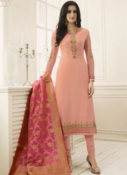 Awesome Peach Georgette Designer Party Wear Churidar Suit