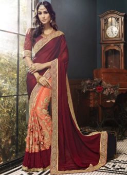 Glorious Orange And Maroon Georgette Embroidered Work Saree