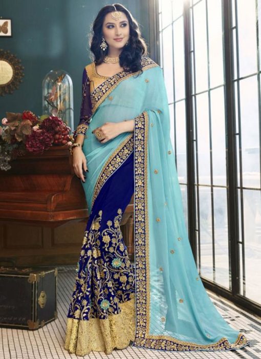 Deluxe Sky Blue And Blue Georgette Embroidered Work Designer Saree