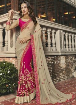 Exclusive Beige And Pink Georgette Embroidered Work Party Wear Saree