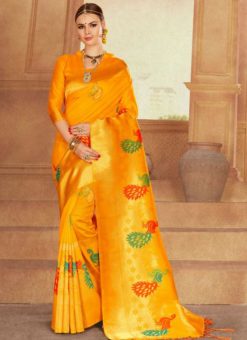 Excellent Yellow Jacquard Zari Print Designer Saree