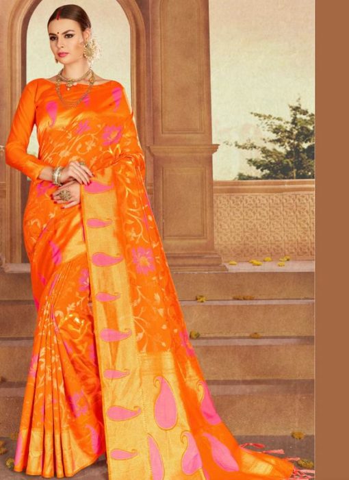 Lovely Orange Jacquard Zari Print Designer Saree