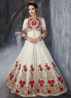 Lovely Off White Net Designer Embroidered Work Anarkali Suit