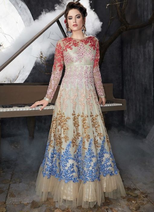 Alluring Beige Net Designer Embroidered Work Anarkali Suit