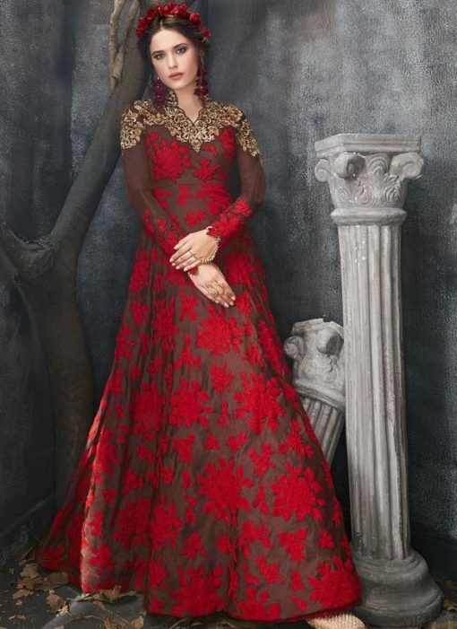 Attractive Brown Silk Embroidered Work Designer Anarkali Suit