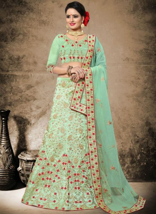 Elegant Green Silk Designer Embroidered Work Wedding Lehenga Choli