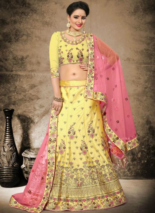 Beautiful Yellow Satin Designer Wedding Wear Lehenga Choli