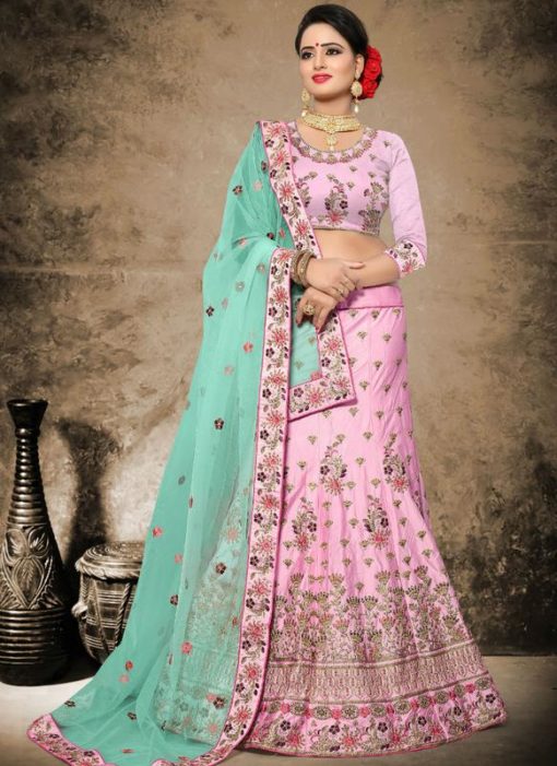 Charming Pink Satin Wedding Wear Embroidered Work Lehenga Choli
