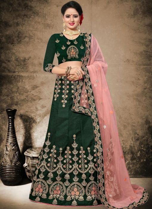 Splendid Green Satin Designer Wedding Wear Lehenga Choli