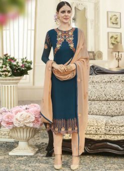 Amazing Blue Georgette Embroidered Work Churidar Suit
