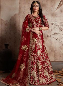 Prodigious Maroon Velvet Silk Bridal Wear Designer Lehenga Choli