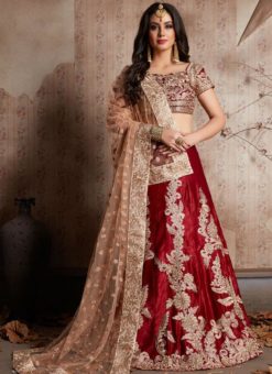 Sensational Maroon Velvet Silk Designer Wedding Lehenga Choli
