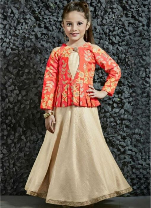 Luxurious Orange And Beige Silk Designer Kids Wear Dress