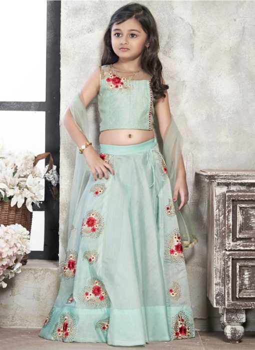 Attractive Turquoise Silk Designer Kids Wear Lehenga Choli