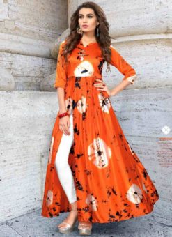 Alluring Orange Satin Silk Printed Designer Kurti