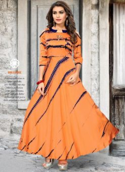 Exquisite Orange Satin Silk Designer Printed Kurti