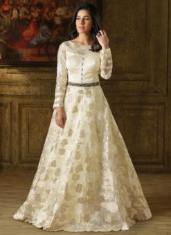 Sublime Off White Satin Party Wear Designer Gown