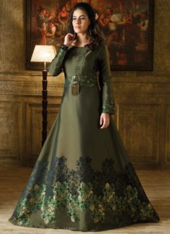 Dazzling Green Satin Party Wear Designer Gown