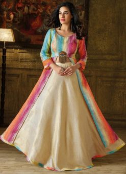 Splendid Cream And Multicolor Satin Designer Party Wear Gown
