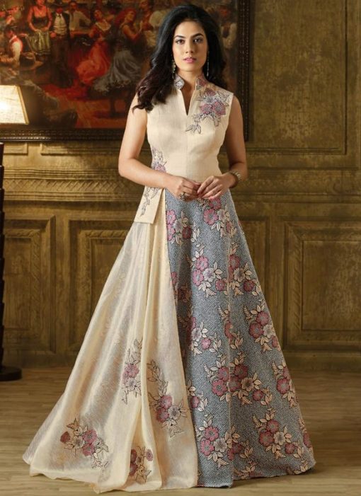 Extravagant Cream And Grey Party Wear Designer Gown