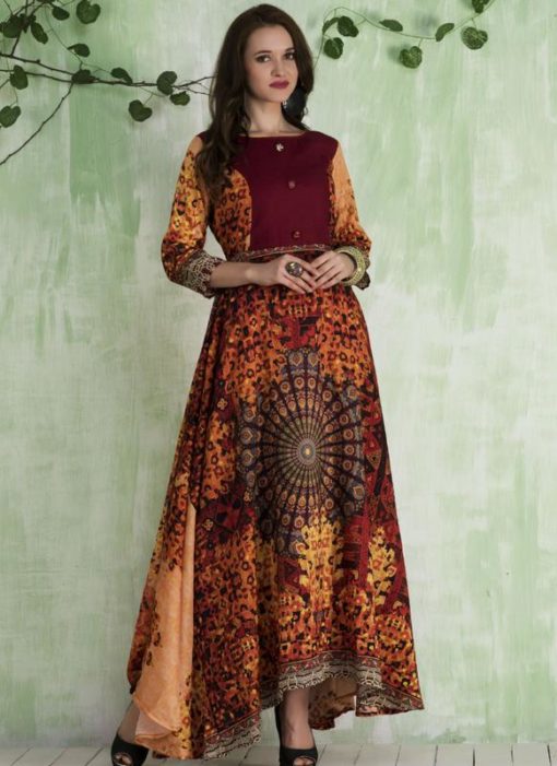 Amazing Maroon And Multicolor Art Silk Designer Printed Gown