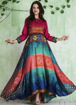Excellent Pink And Blue Art Silk Party Wear Printed Gown
