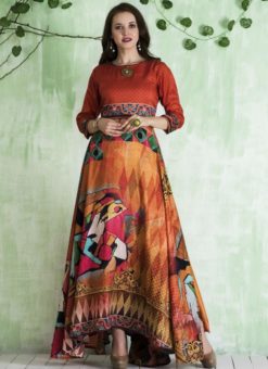Attractive Orange And Multicolor Art Silk Printed Party Wear Gown