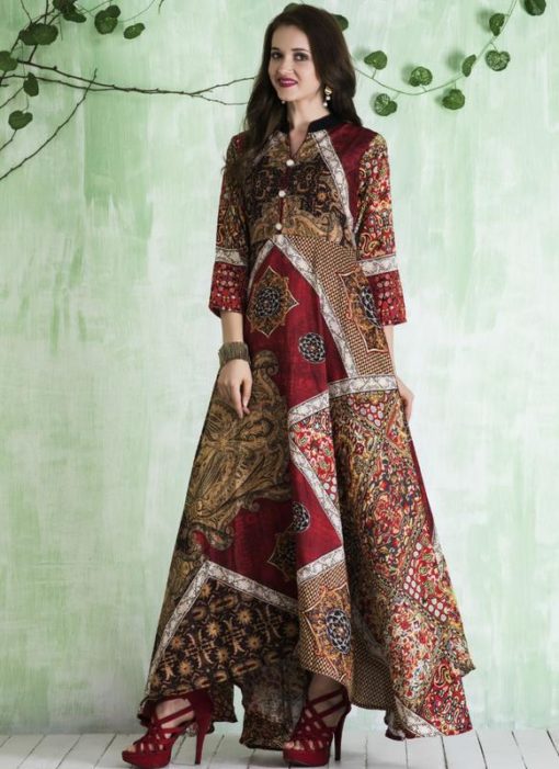 Awesome Brown And Multicolor Art Silk Designer Printed Gown