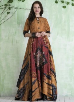 Charming Beige And Multicolor Art Silk Designer Printed Gown